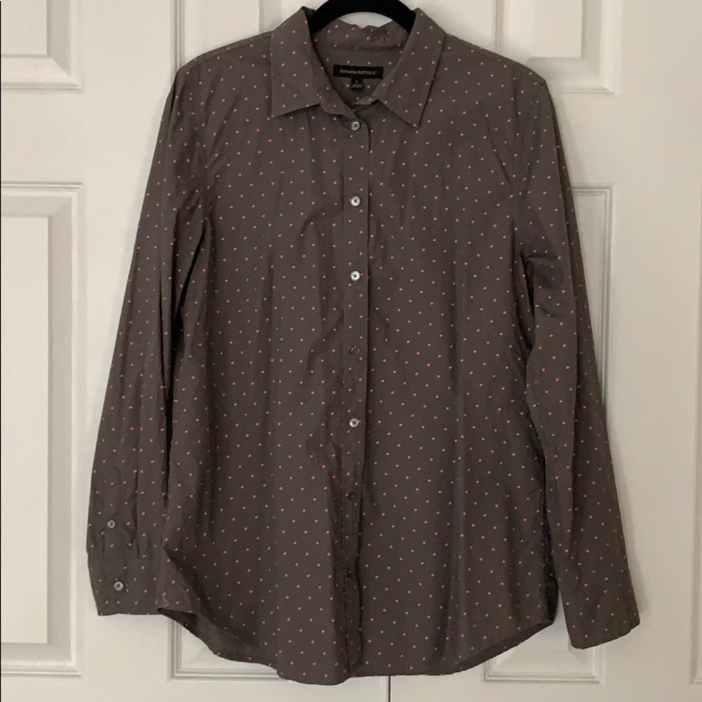 Banana Republic Button Blouse Brown w/Pink Dots